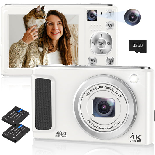 4K Digital Camera, 48MP Autofocus Cameras for Photography,Vlogging Compact Camera with Front and Rear Camera, 16X Zoom Protable Point and Shoot Cameras with 32GB SD Card,Anti-Shake,2 Batteries