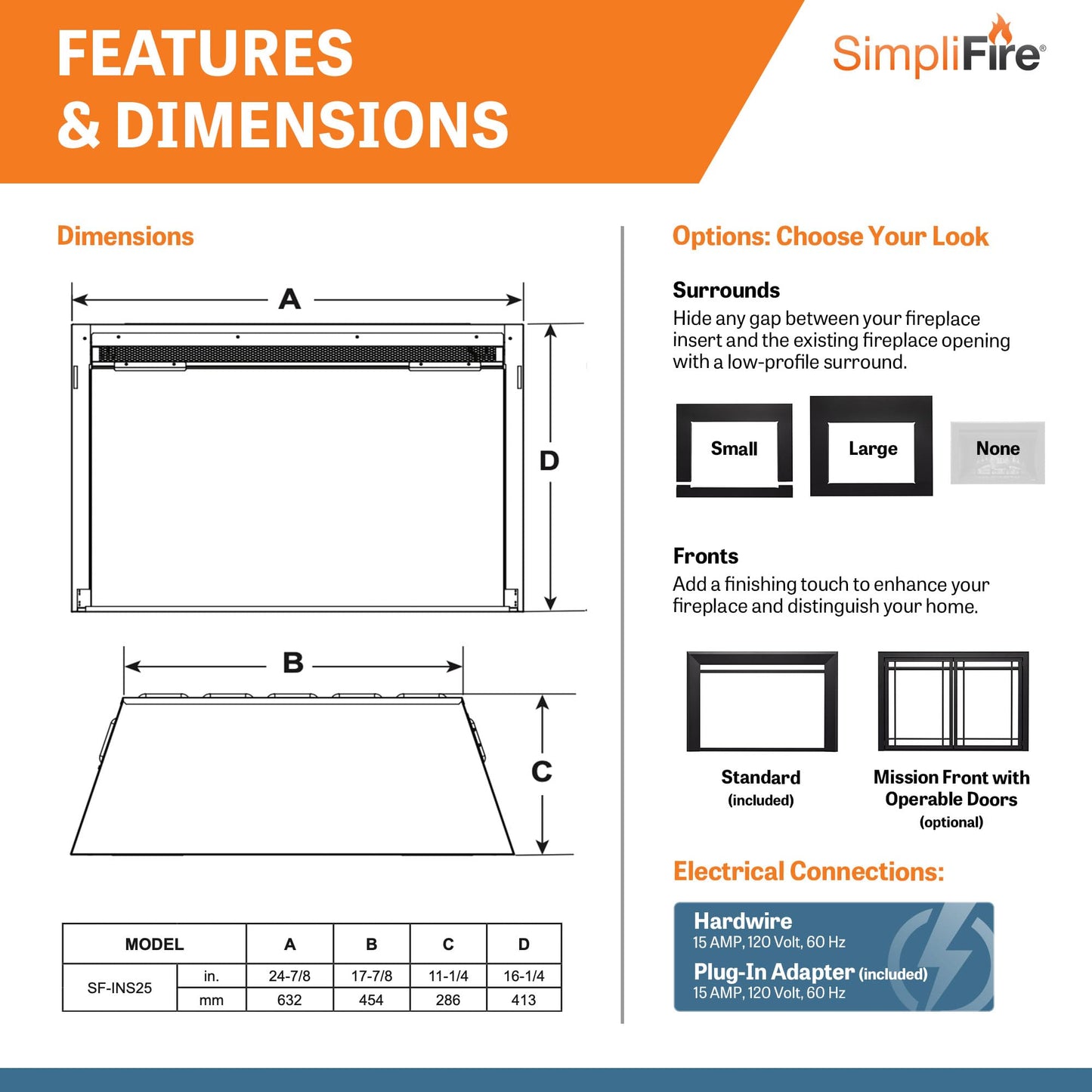 SimpliFire 25-Inch Electric Fireplace Insert, Large Black Surround, 37" x 26" (SF-INS25-SF-SI3726-INS25)