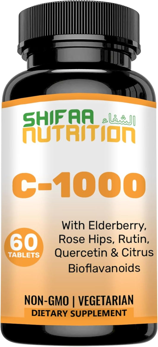 Halal Vitamin C-1000mg Tablets, 60 Days Supply. Immune Support Supplement with Vitamin C, Elderberry, Quercetin, Rose HIPS & Rutin. Vegetarian, Non-GMO, Sugar Free & Keto Friendly