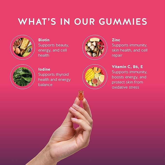 Biotin Gummies for Hair, Skin & Nails. 5,000 mcg High Potency Vegan Vitamins for Faster Hair Growth, Stronger Nails & Healthy Skin. with Vitamins C & E, 90 Gummies