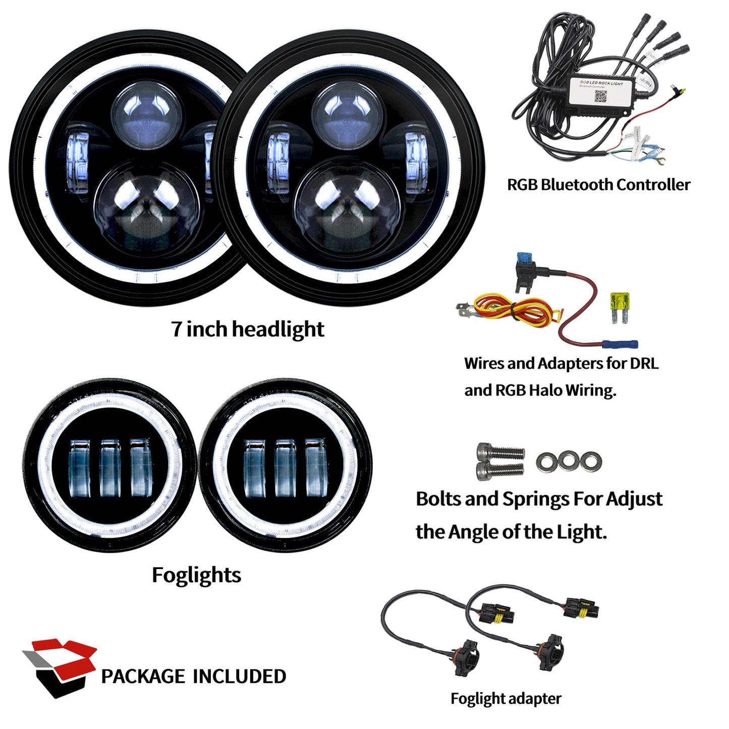7" RGB Headlights & 4" Fog Lights Combo with Bluetooth Controlled Custom Colors,Music Mode, IP67 Waterproof DOT Kits,for 2007-2018 JK/JKU, 1997-2006 TJ, 2004-2006 LJ, 76-86 CJ