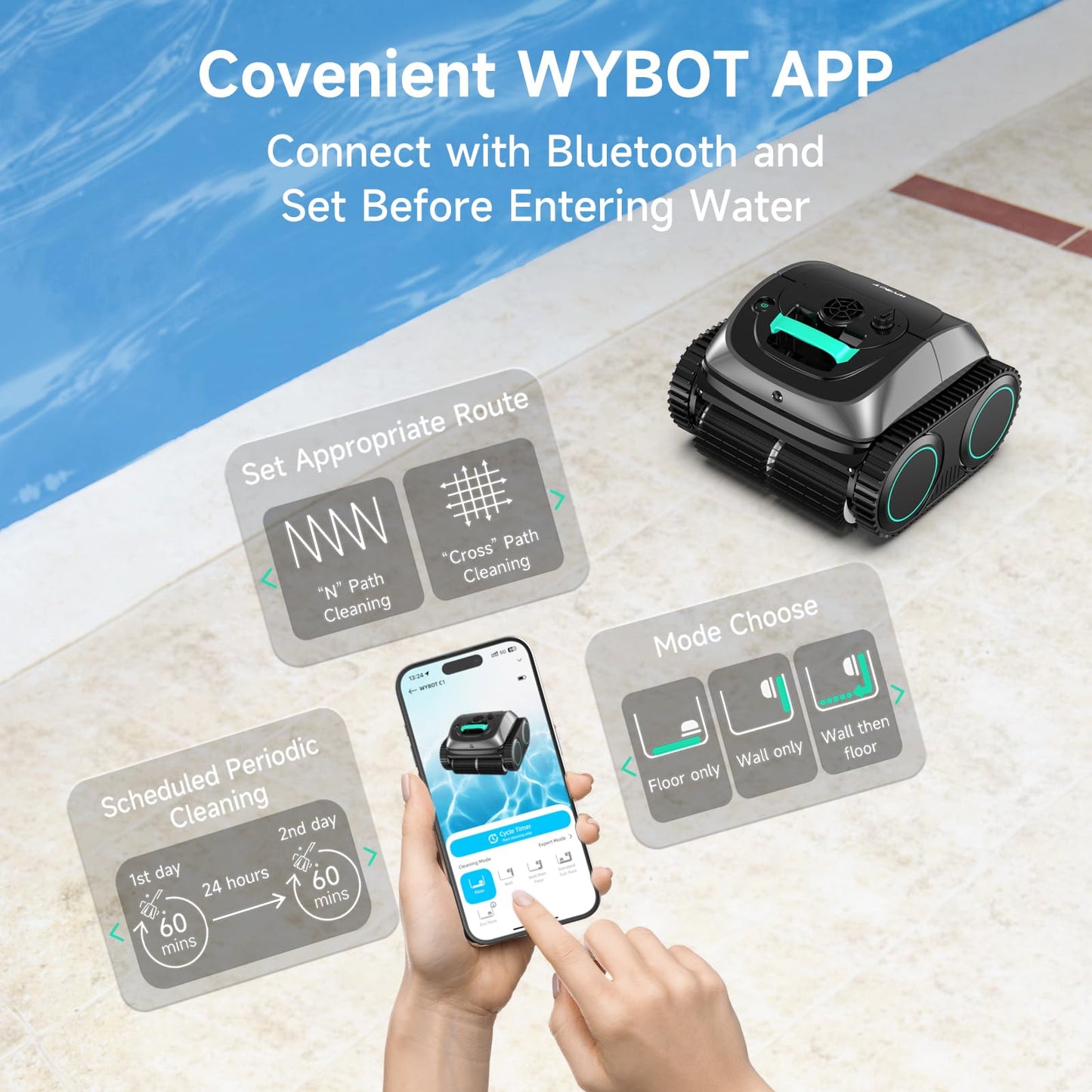 (2025 Upgrade) WYBOT C1 Pool Robot Vacuum for Inground Pools, 4-in-1 Cordless Robotic Pool Cleaner Lasts 150min, Triple-Motor up to 1,614 Sq.ft, Smart APP Support, Auto Wall & Waterline Cleaning