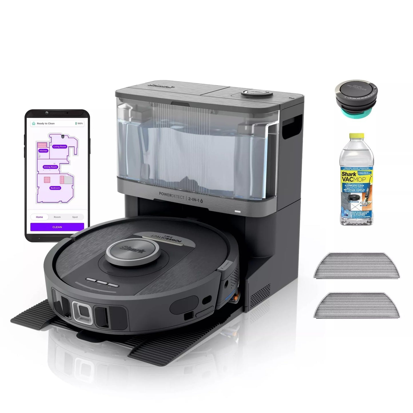 Shark Robot Vacuum & Mop Combo, PowerDetect NeverTouch, Self-Emptying & Self-Refilling, 60-Day Capacity, 30-Day Refill Tank, Pad Dry, RV2820YE (Renewed)