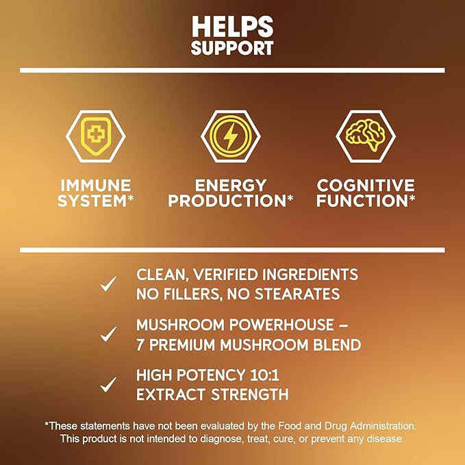 BioEmblem Mushroom Complex - 10:1 Strength and 7 Species - Lions Mane, Reishi, Cordyceps, Chaga, Maitake, Shiitake Mushroom Supplement - Immunity, Energy & Focus, Brain - Non-GMO, Vegan - 90 Caps