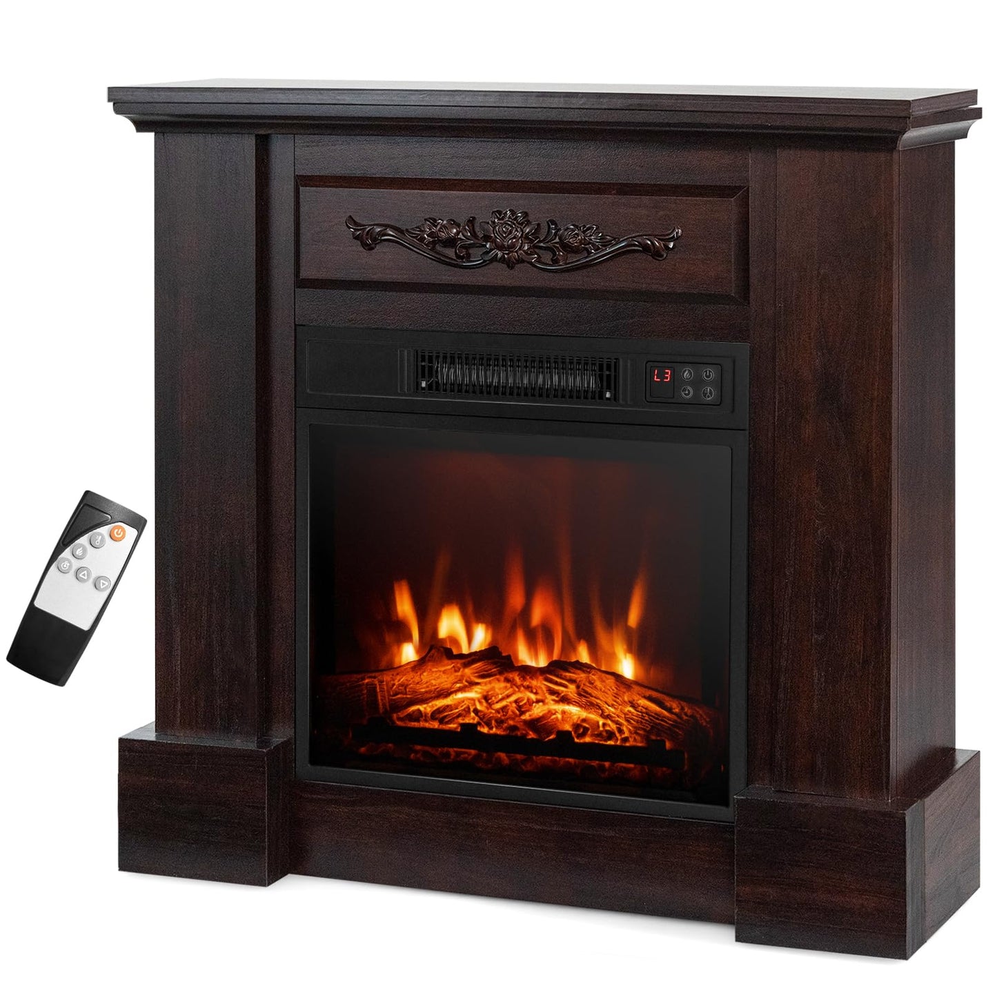 COSTWAY 32-inch Electric Fireplace with Mantel, 1400W Freestanding Fireplace Heater with Remote Control, Thermostat, 6H Timer, Adjustable 3D Flame Effect, Fireplace Mantel for Living Room, Brown