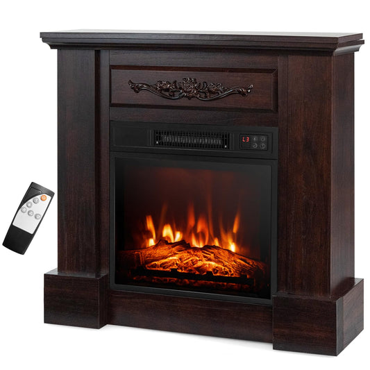 COSTWAY 32-inch Electric Fireplace with Mantel, 1400W Freestanding Fireplace Heater with Remote Control, Thermostat, 6H Timer, Adjustable 3D Flame Effect, Fireplace Mantel for Living Room, Brown