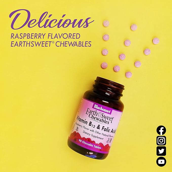 Bluebonnet Nutrition Earth Sweet Vitamin B12 1000 mcg & Folic Acid 400mcg Brain Health & Energy* Vitamins for Women & Men - Vegan, Gluten-Free Raspberry B 12 Vitamin - 180 Chewable Tablets