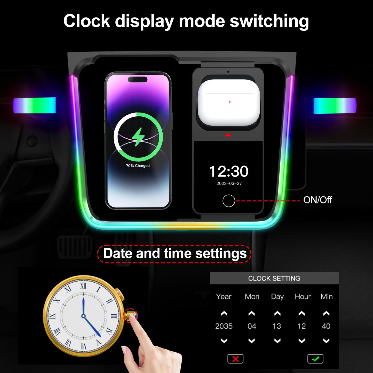 for ModelY/3 Car Interior RGB Neon Ambient Light Support Earphones Wireless Charging, Charge Platform Led Light Bar Left/Right Footwell Lights, Screen Control, Tesla Accessories (Not for 2024 Model3)