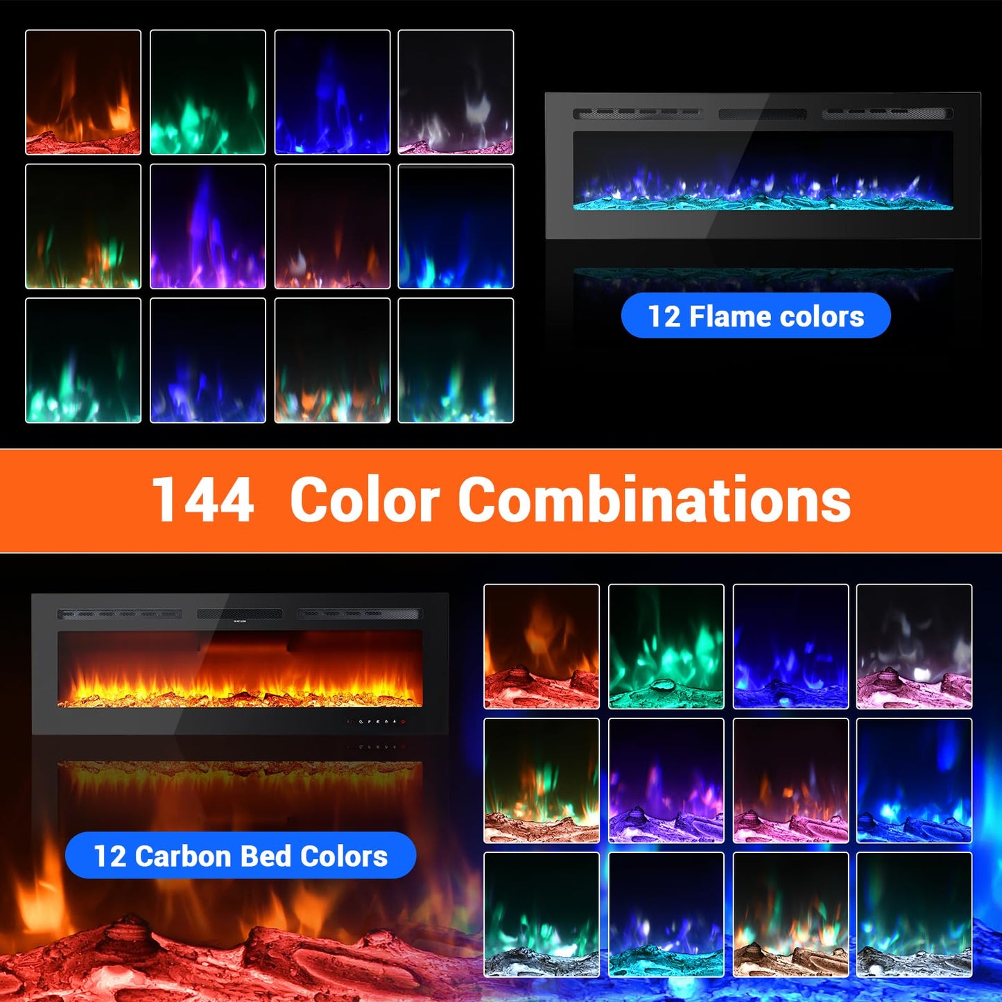 Takywep Electric Fireplace, 60 Inches, 5120 BTU Heat Output, 12 Flame Color, Black, Wall-Mounted or Recessed, Timer, Quiet Operation, Multicolor Flame, Faux Logs, Crystal Stones