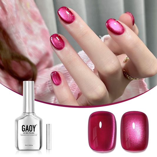 GAOY Pink Cat Eye Gel Nail Polish, 16ml Hot Pink Glitter Holographic Nail Polish with Magnet, Reflective Translucent UV Gel, 2400 First Crush