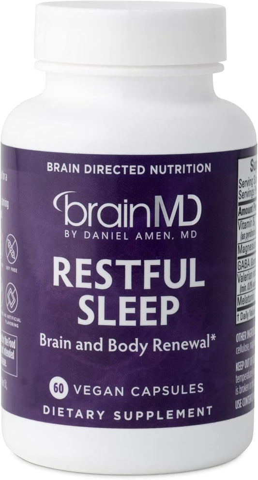 BRAINMD Restful Sleep - 60 Vegan Capsules - Supports Brain & Body Renewal - with Melatonin, Valerian Extract, GABA & Magnesium - Non-Habit Forming - 30 Servings