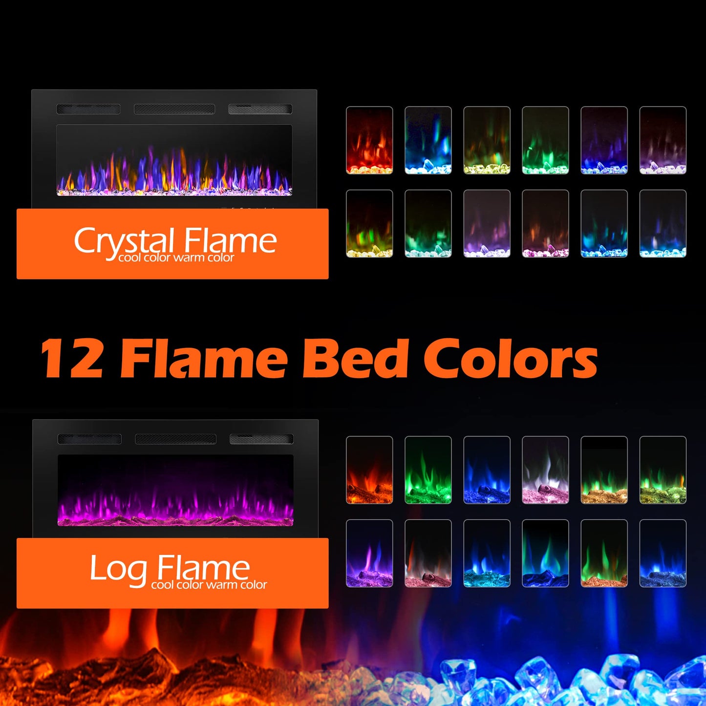 BETELNUT 30" Electric Fireplace Wall Mounted and Recessed with Remote Control, 750/1500W Ultra-Thin Wall Fireplace Heater W/Timer Adjustable Flame Color and Brightness, Log Set & Crystal Options