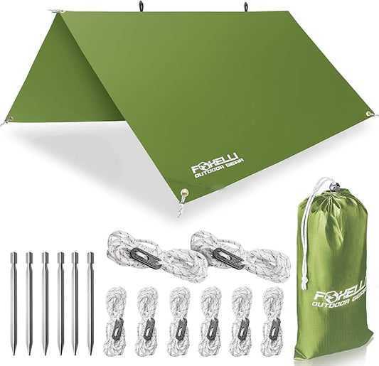 Foxelli Hammock Rain Fly - Waterproof Lightweight Tent & Hammock Rain Tarp for Camping, Backpacking w/Easy Setup Including Extra Long Guy Lines & Stakes