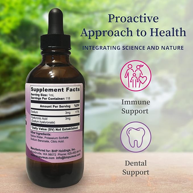 BioPure Hyaluronic Acid Liquid Solution – All Natural, Highly Bioavailable Form of Hyaluronic Acid for Oral & Topical Use to Benefit Joint Lubrication and Skin Hydration, Elasticity – 4 fl oz