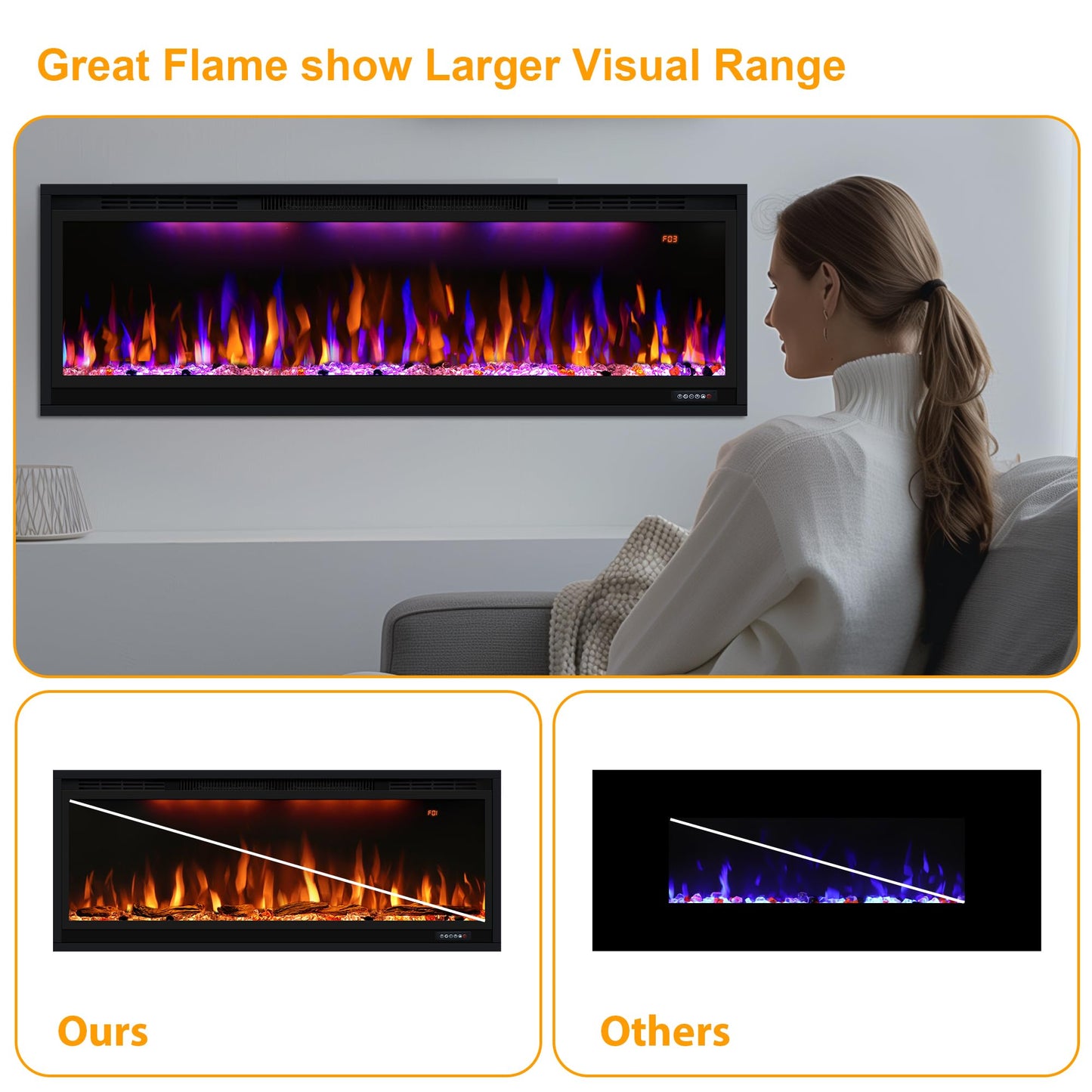60 inch Smart Linear Electric Fireplace, Recessed and Wall Mounted Fireplace Inserts with Remote Control, Adjustable Flame Color, Lights, Temperature, Overheating Protection& Timer, 750W/1500W, Black