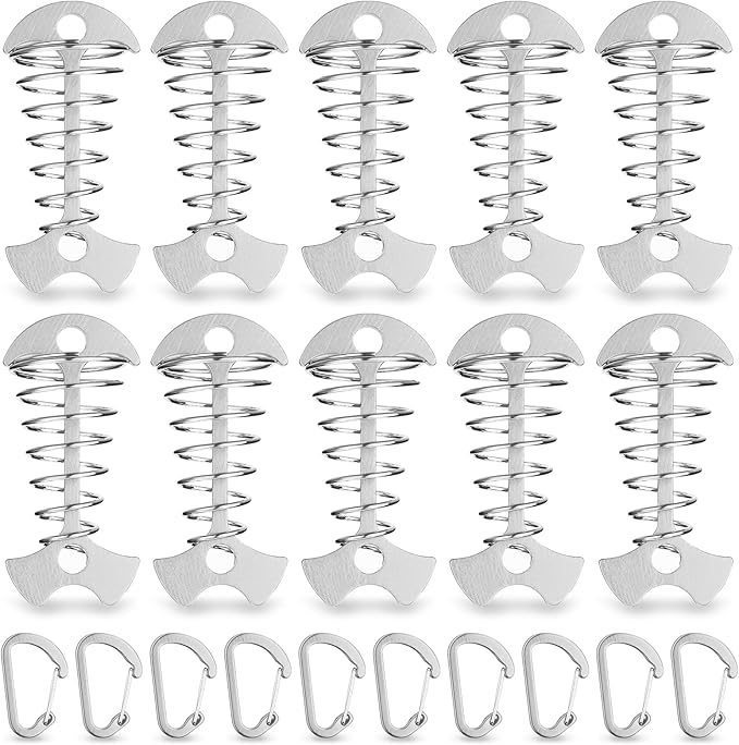 TOBWOLF 10PC Silver Deck Tie Down Anchors Fishbone Tent Pegs with Carabiners, Aluminum Tent Stakes Wind Rope Anchors Spring Deck Anchor Pegs Windproof Tent Rope Tightener Camping Outdoor Accessories