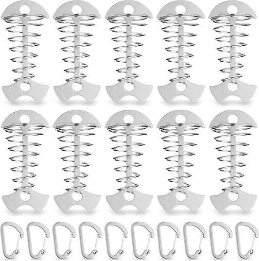 TOBWOLF 10PC Silver Deck Tie Down Anchors Fishbone Tent Pegs with Carabiners, Aluminum Tent Stakes Wind Rope Anchors Spring Deck Anchor Pegs Windproof Tent Rope Tightener Camping Outdoor Accessories