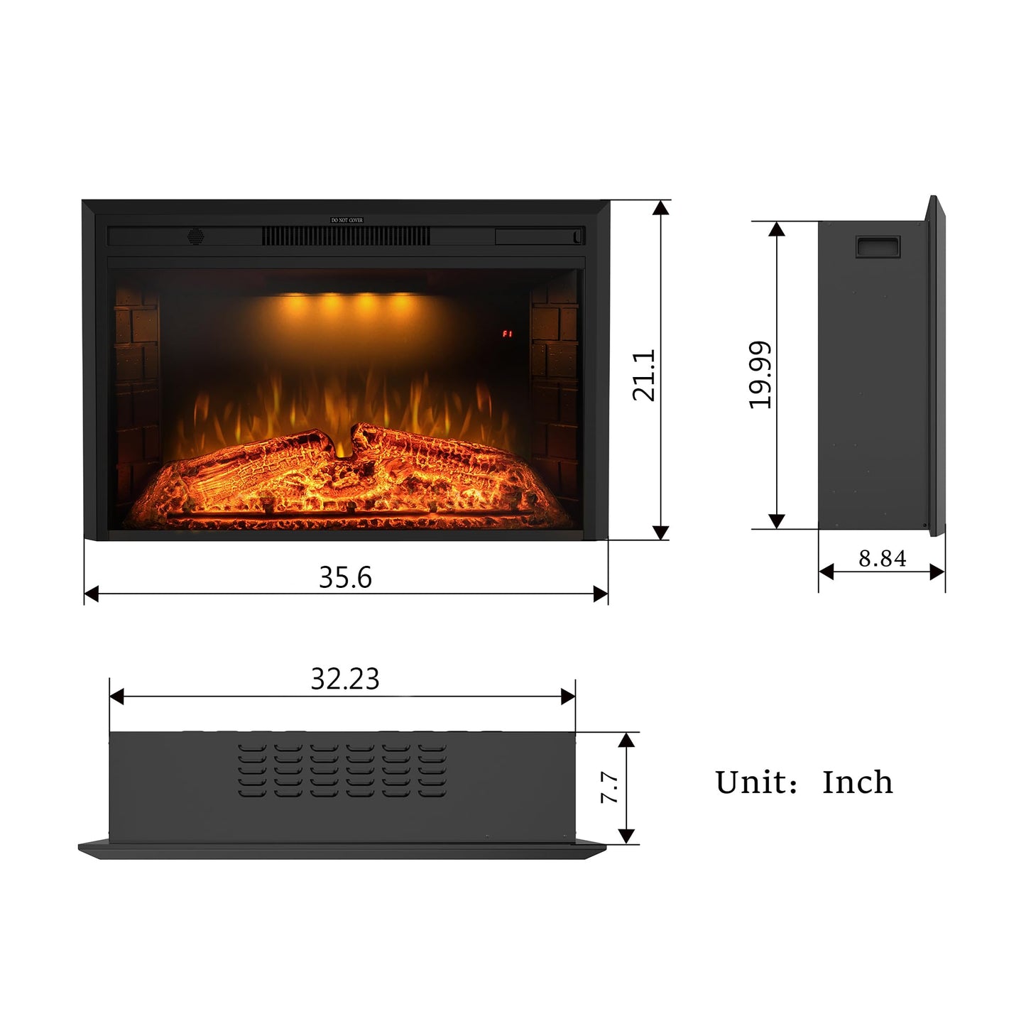 Benrocks 36'' Electric Fireplace Inserts, Recessed & Built in Wall Electric Fireplace Heater with Fire Crackling Sound, Adjustable Top Light & Flame Speed, Overheating Protection, 750/1500W Black
