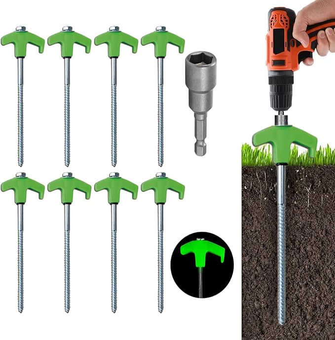 8" Screw in Tent Stakes - Ground Anchors Screw in, Screw in Tent Stakes Heavy Duty, Tent Pegs Camping Stakes, Metal Threaded Tent Spikes, Screw Tent Stakes with Hex Sleeves (8Pcs Green)