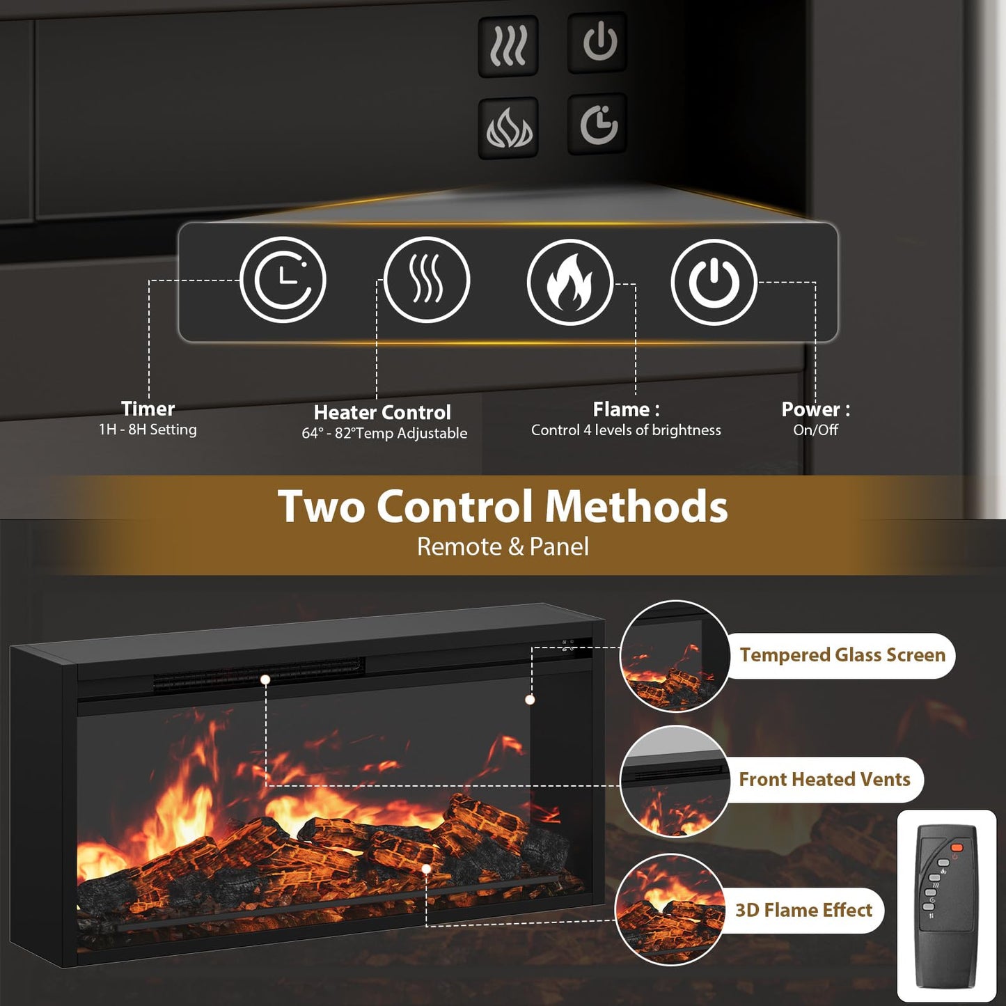 Fluted Fireplace TV Stand Up to 80" TVs, Modern Entertainment Center with 30" Electric Fireplace, Luxury Media Console with Adjustable Shelves for Living Room, Navy Blue