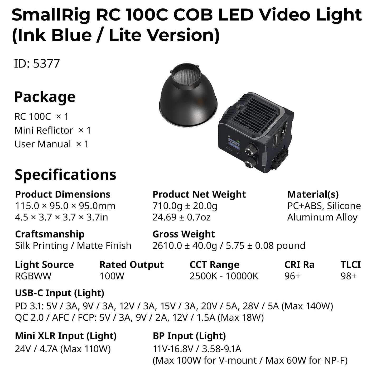 SmallRig RC 100C RGBWW LED Video Light, with App Control, 100W Mini COB Continuous Output Lighting, Handheld Spotlight 2700-10000K/CRI 96+/TLCI 98+/12 Effects, 11000Lux/1m, Lite Version Ink Blue, 5377
