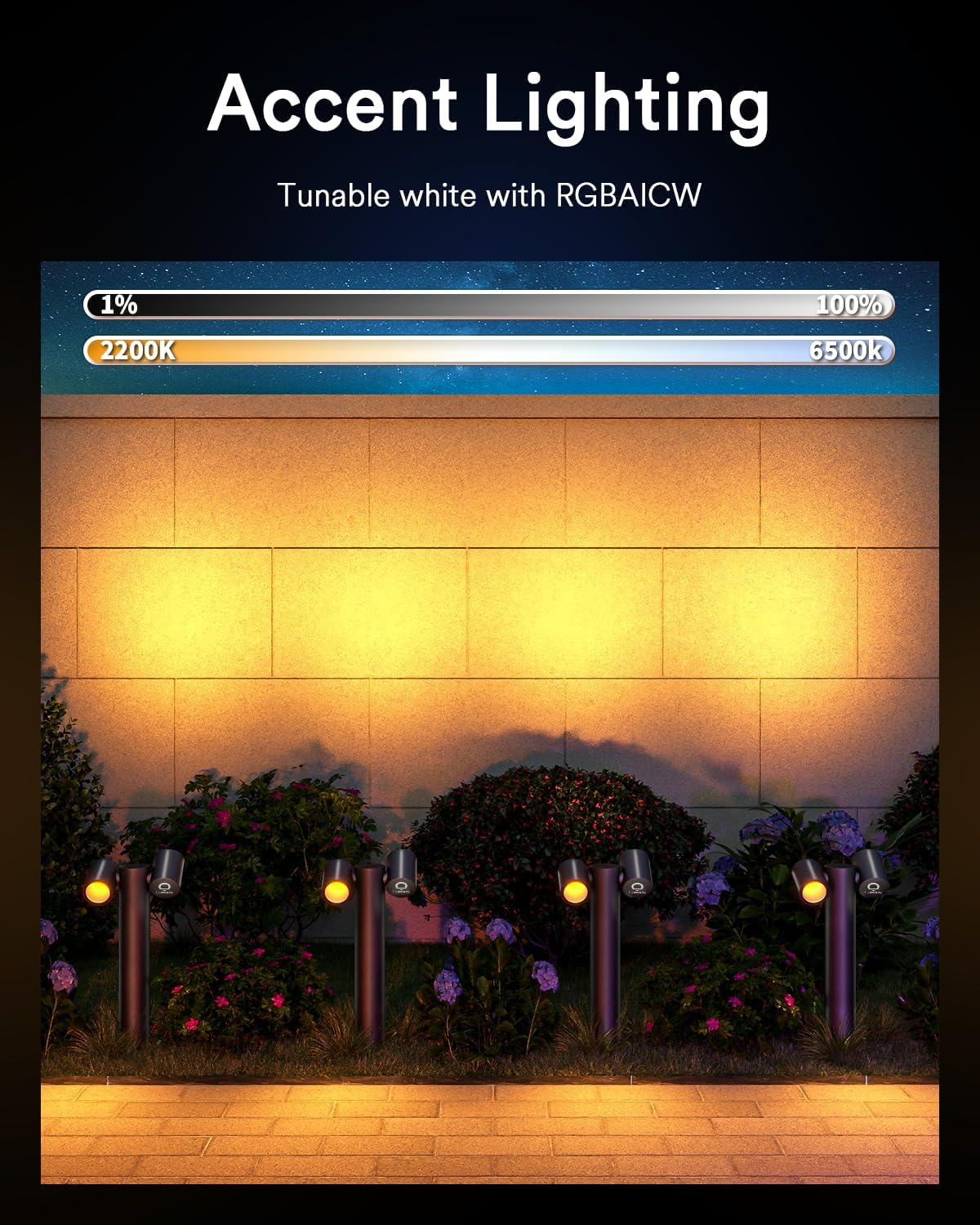 Lumary Smart Pathway Light Pro 700LM, RGBAICW Color Changing Landscape Lights with 8 Adjustable 355° Spot Lights IP65 Waterproof, 48FT Wired Outdoor Landscape Lighting, WiFi APP/Voice/Remote (4 Pack)