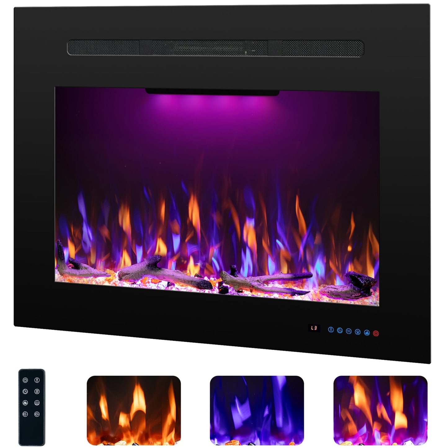 Rodalflame Electric Fireplace Inserts with 3 Flame & Top Light, Recessed Fireplace Heater, Thermostat, 750/1500W, Crackling Sound, Logs & Crystals, Timer, 32.2" W x 26" H Rear, No Wall Mount