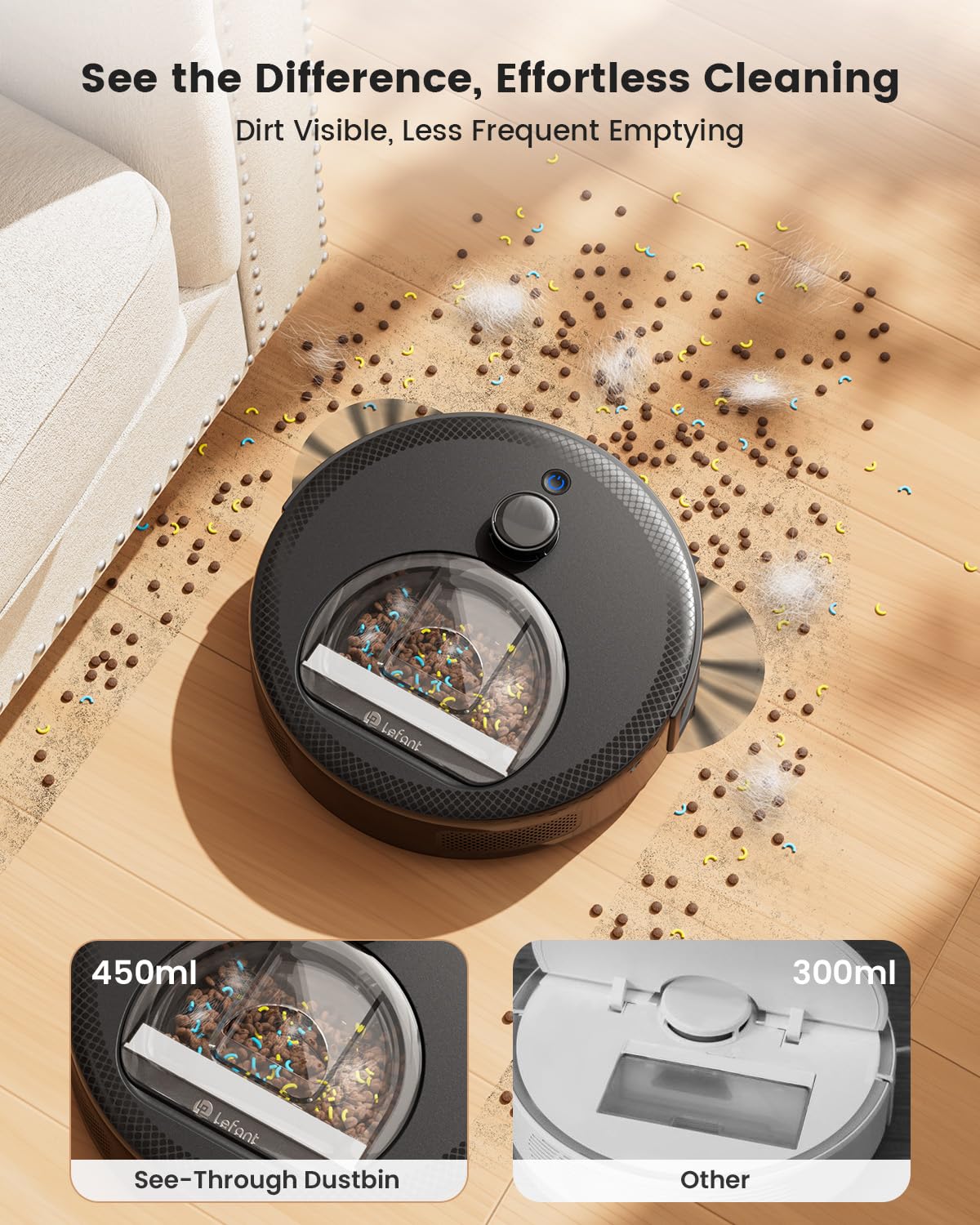 Lefant LiDAR Robot Vacuum and Mop, 450ml Visible Dustbin, Upgraded 190° PSD Obstacle Avoidance, Customized Cleaning, Multi-Floor Mapping, 150 Mins Runtime, WiFi/Alexa/APP, Pet Hair & Carpets, M330 Pro