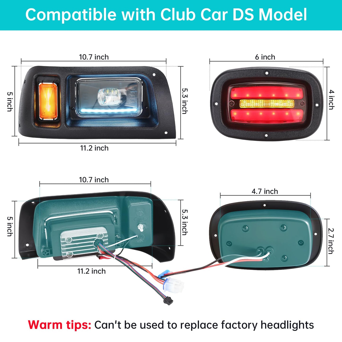 10L0L Deluxe Golf Cart Light Kit for Club Car DS 12V-60V, Full Headlight Taillight Kit with RGB Daytime Running Lamp Low High Beam Turn Signal Horn Brake Pad Hazard Blinker
