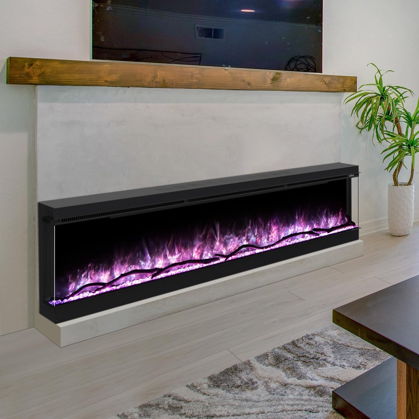 Crumisy 3 Sided Fireplace, 60 inch Fire Place Electric Fireplace Heater, with Realistic Colorful LED Flame, Remote Control, Log and Crystals