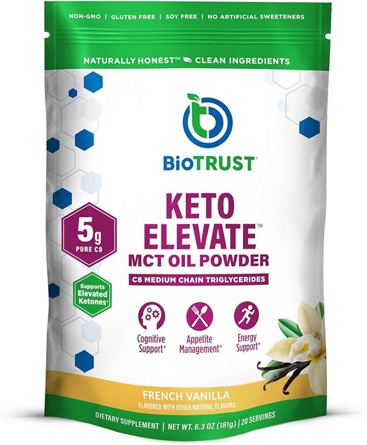BioTrust Keto Elevate – C8 MCT Oil Powder – Ketogenic MCT Coffee Creamer, Keto Coffee Creamer – Clean Energy, Mental Focus, Clarity –100% Caprylic Acid MCT Powder, Non-GMO(French Vanilla, 20 Servings)