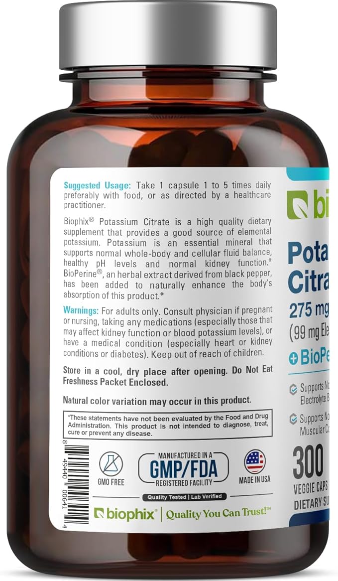 biophix Potassium Citrate 275 mg with BioPerine 300 Veggie Capsules - Supports Electrolyte Balance, Nerve., Muscle Function and Heart Health