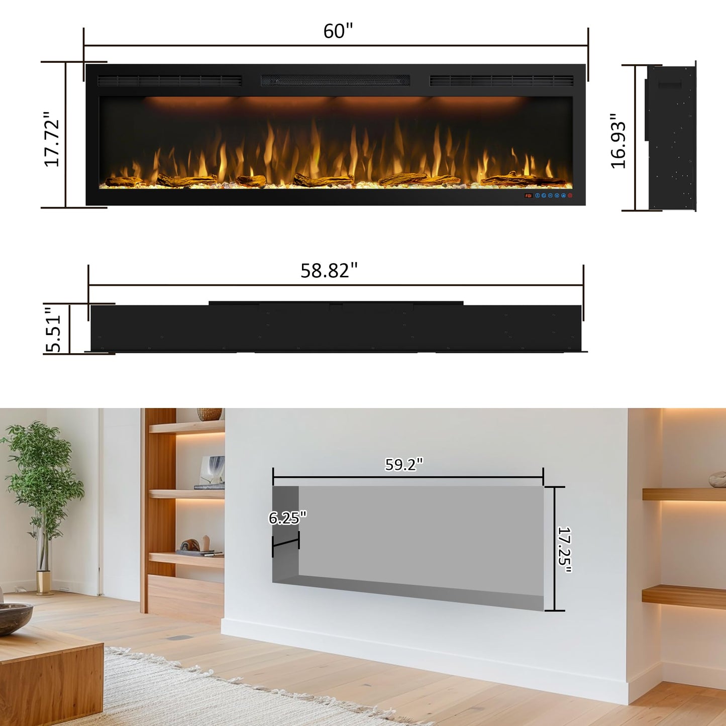 60 inches Electric Fireplace, Recessed and Wall Mounted Fireplace Heater and Linear Fireplace Inserts, with Timer, Remote Control, Adjustable Flame & Light Colors, 750W/1500W, Black