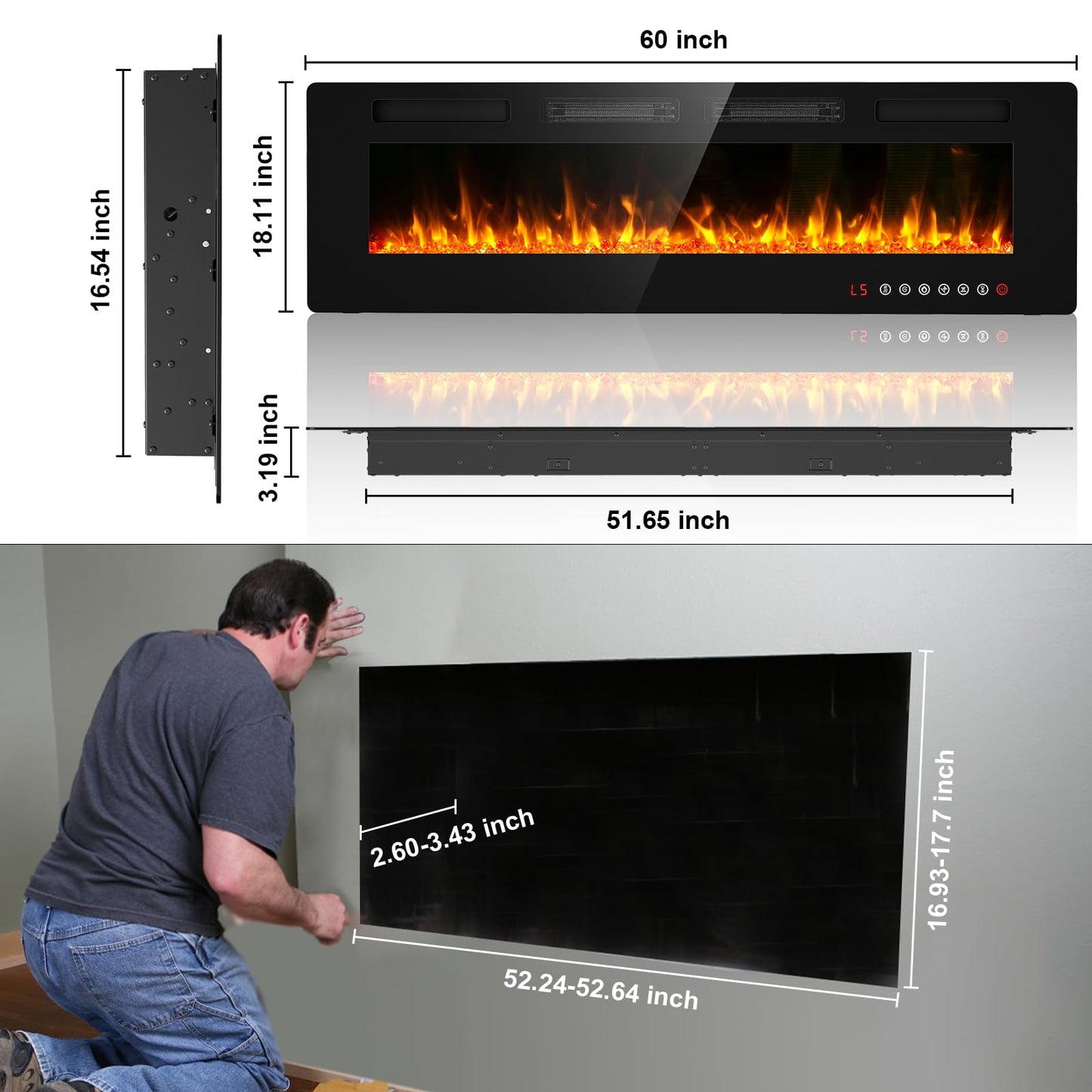 BREEZEHEAT 60" Ultra Thin Electric Fireplace Insert-ETL Certified, Recessed/Wall Mount, 3D Flame with Crystal, Remote & Touch, 750W/1500W (700 Sq.Ft), 8H Timer