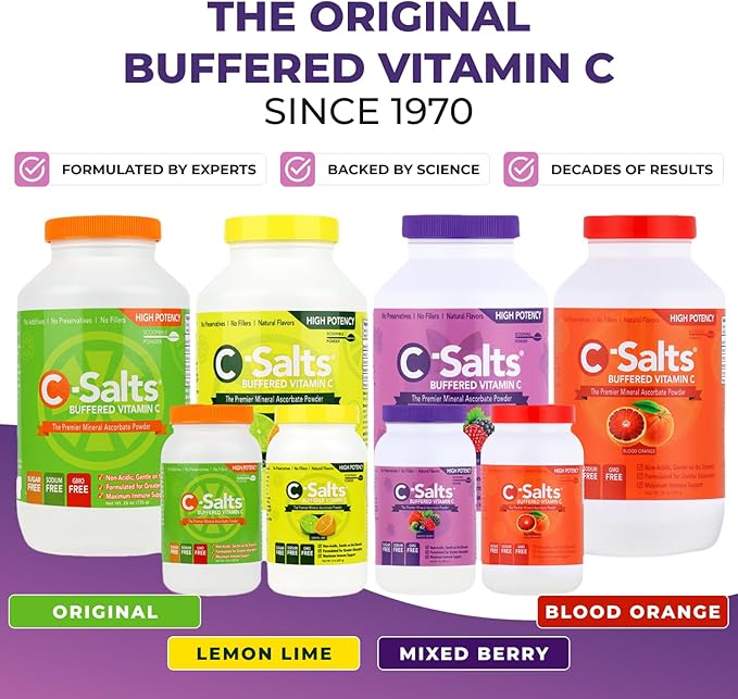 C-Salts Original Vitamin C Powder Supplement - 100% Pure High Dose Buffered Vitamin C Powder for Immune Support - Sugar-Free Powdered Drink Ascorbate, Organic, Stomach-Friendly, Mixed Berry 26oz