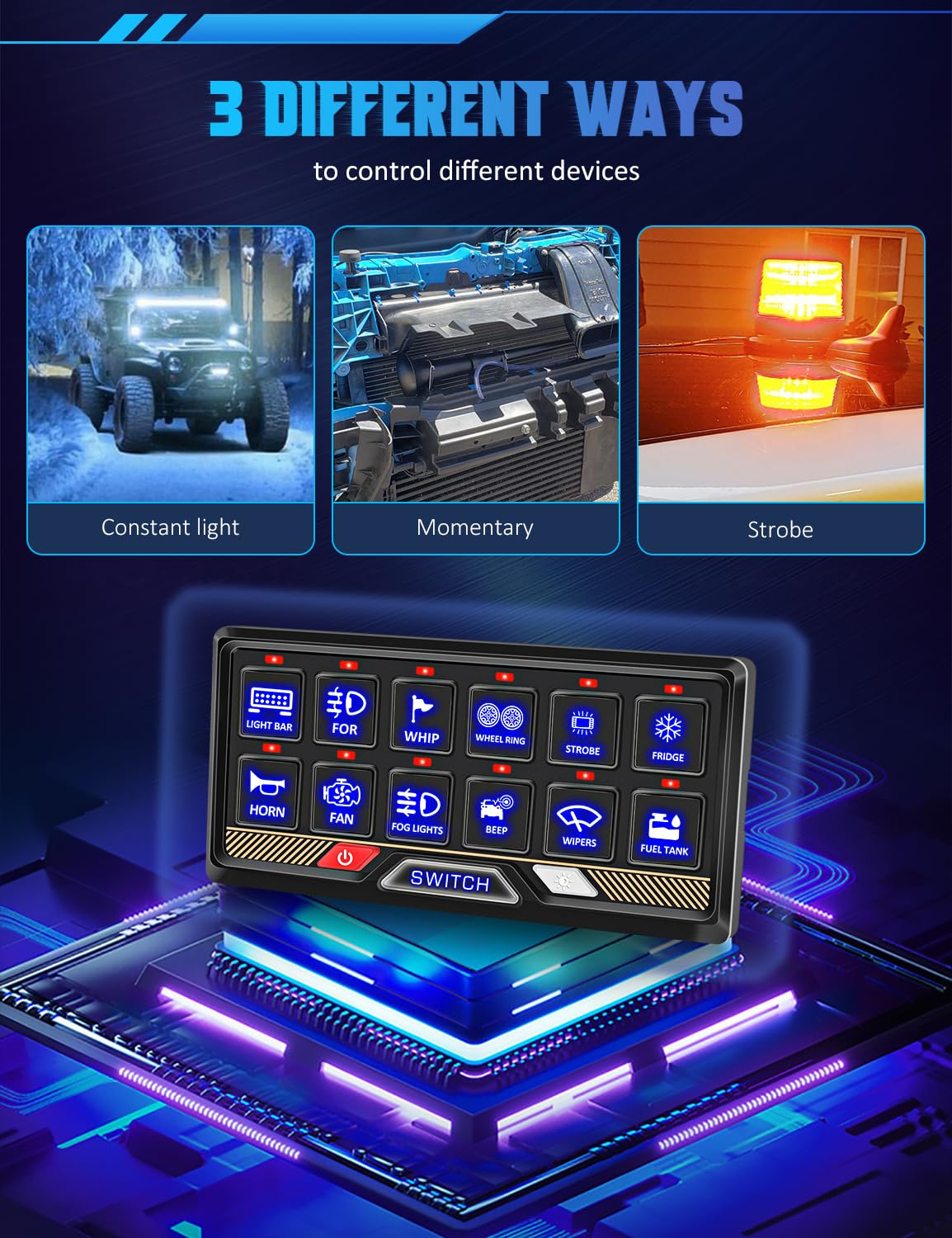 Chelhead 12 Gang Switch Panel RGB Acc Battery Control Control Toggle Momentary Pulsed Switch for Led Light Bar Pods Compatible with Truck Offroad UTV ATV Car Marine 12V 24V