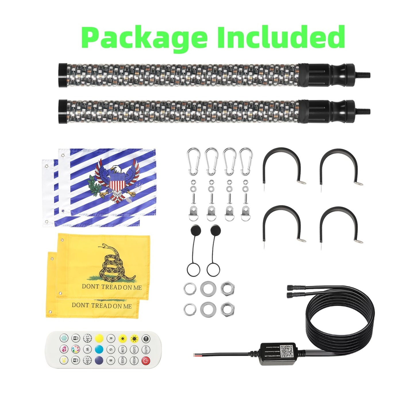 2PCS 2FT Fat Whip Lights with Function-Remote&APP Control Compatible with UTV ATV RZR Polaris Buggy Offroad Truck Accessories RGB Chasing Dancing Lighted Antenna Whips