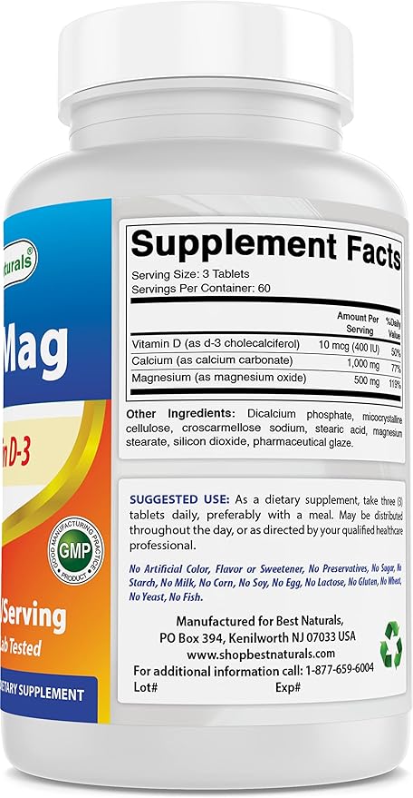 Best Naturals Calcium Magnesium with Vitamin D3 1500mg Serving 180 Tablets (180 Count (Pack of 2))