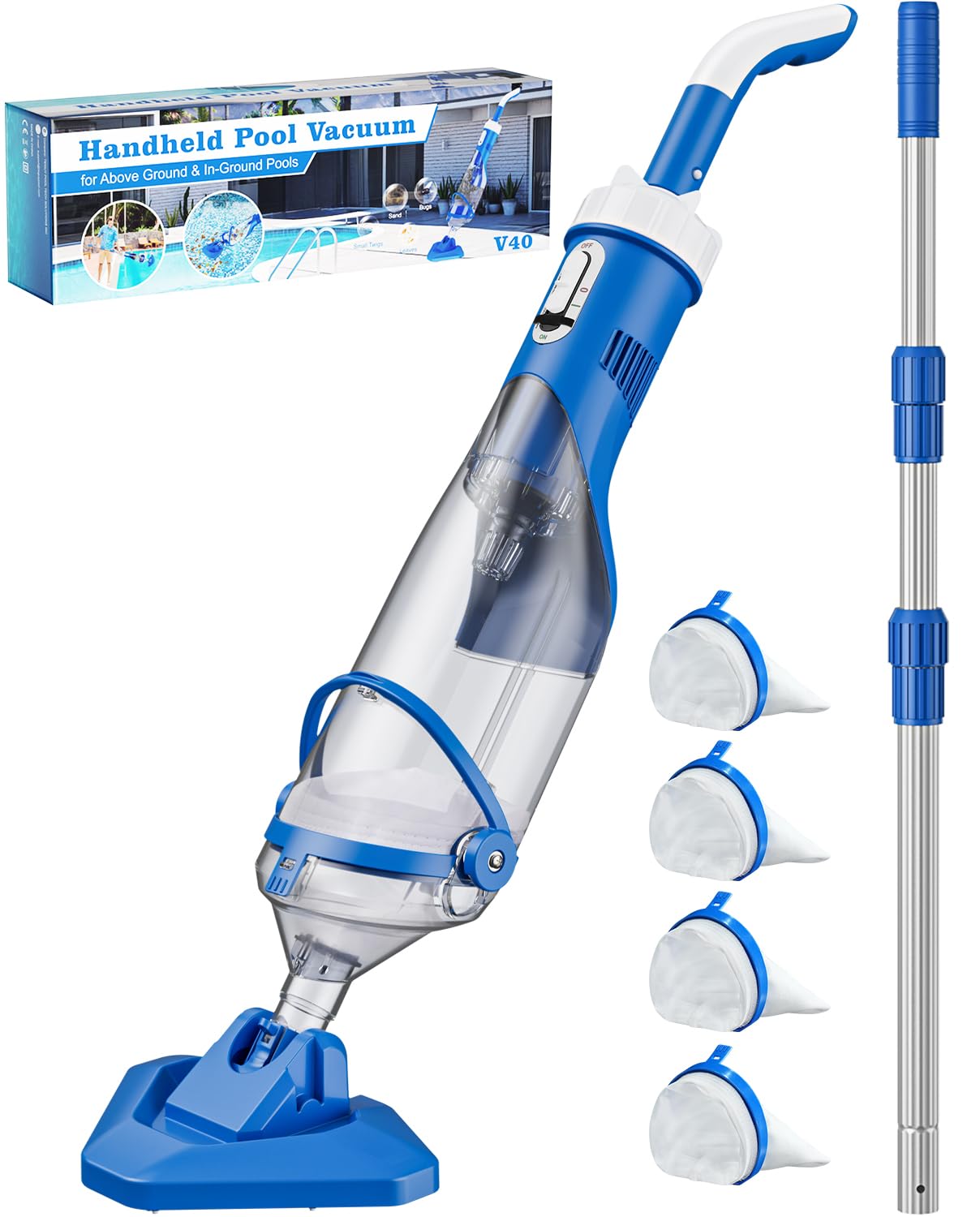 Teguy Cordless Pool Vacuum with Telescopic Pole, 18.5 GPM Powerful Suction, 1.5H Supercharge Technology, Handheld Rechargeable Pool Vacuum Cleaner for Above Ground/Inground Pools, Hot Tubs, Spas