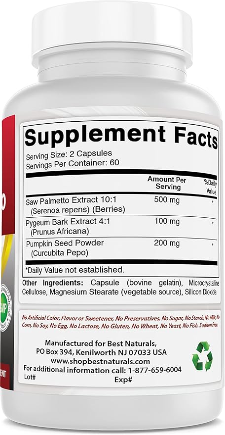 Best Naturals Saw Palmetto 10:1 Extract Prostate Supplements for Men - 120 Capsules - Made with Pygeum Bark 4:1 Extract & Pumpkin Seed Powder