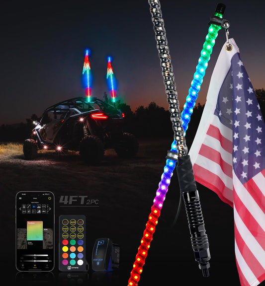 Xprite 2PC 4FT Spiral RGB LED Whip Light with Spring Base, App & Remote Control Stop Turn Reverse Brake Lights Chasing Antenna Lighted Whips, Compatible with SXS ATV UTV Polaris RZR Can-am Jeep