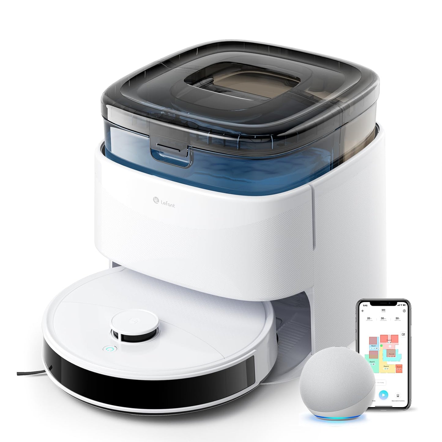 Lefant M3 Robot Vacuum, Robot Vacuum and Mop, 12000Pa Suction, Anti-Tangle Brushes, Dual Spinning Mop, Auto Mop Washing, Drying, Self-Emptying, Self-Refilling, for Pet Hair Dust, App Voice Control