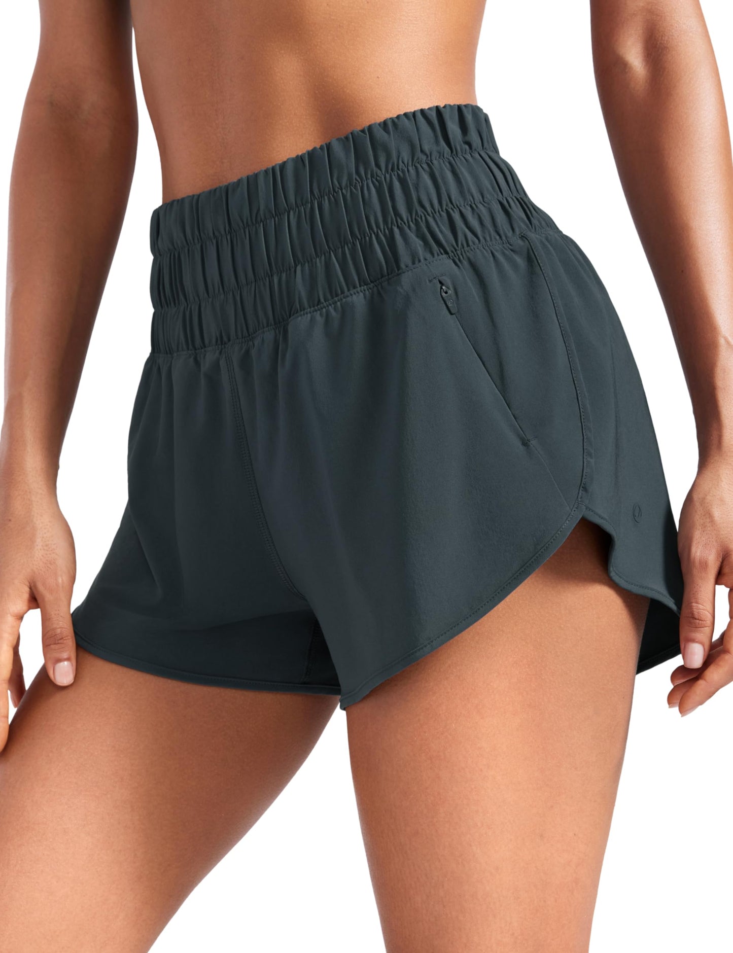 CRZ YOGA High Waisted Dolphin Running Shorts for Womens Mesh Liner Gym Workout Athletic Shorts with Zipper Pocket Melanite Large