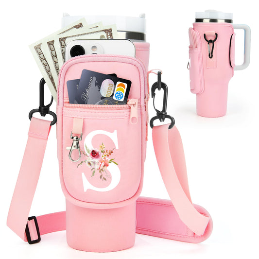 Initial Water Bottle Holder with Strap for Stanley 40 oz Tumbler/Simple Modern 40 oz Tumbler,Water Bottle Carrier Bag with Strap,Personalized A-Z Phone Pocket for Stanley Cup Accessories