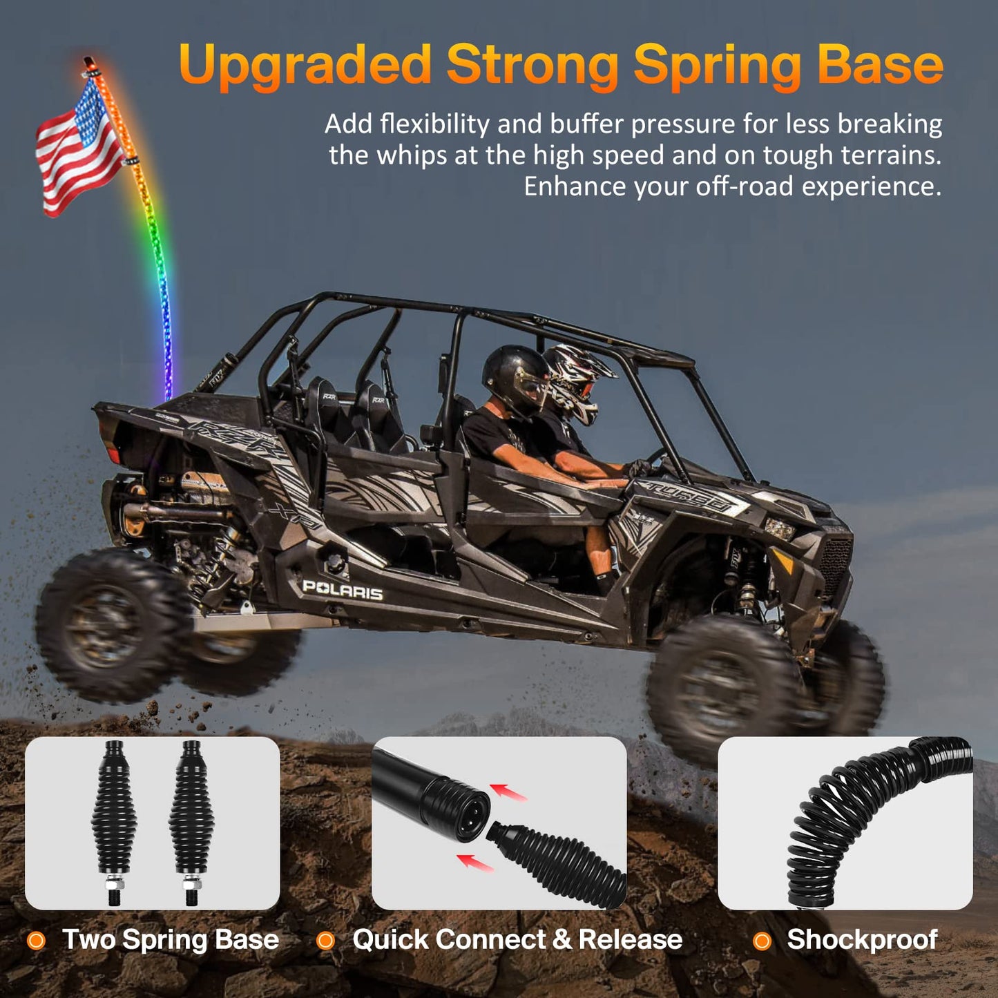 2 Pack 5FT Music Whip Lights - 366+ Chasing Modes RGB Lighted Whips with APP & Remote Control, Rocker Switch, Nylon Flags & Spring Base for UTV ATV Polaris RZR Can-Am SXS Truck