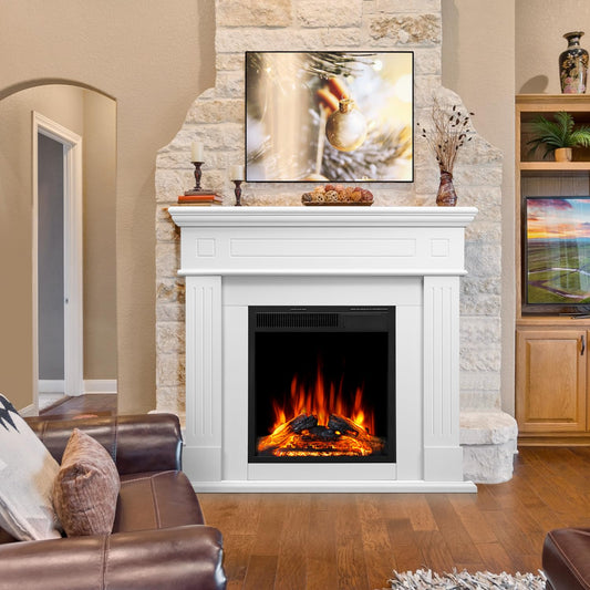 43” Electric Fireplace Mantel Freestanding Electric Fireplace, Remote Control, Adjustable Led Flame, 750W/1500w PEARLWHITE