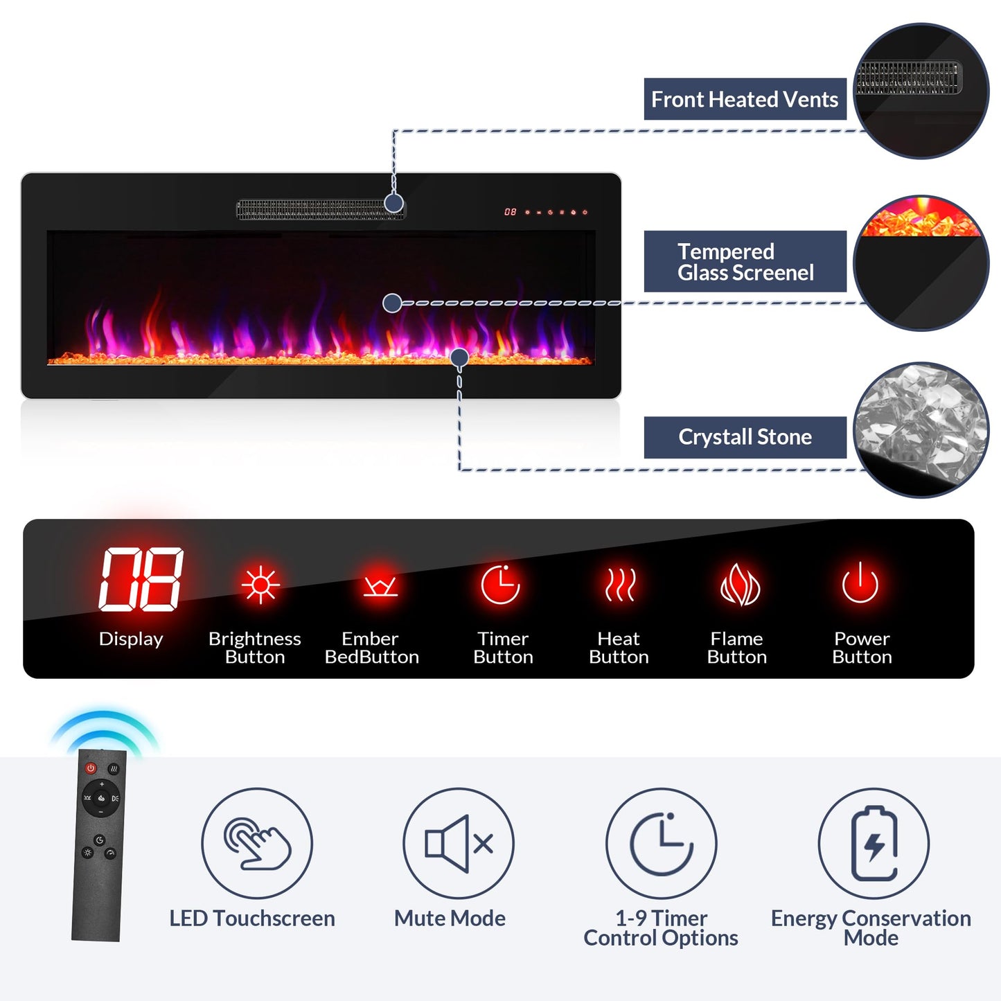 BELLEZE 79" TV Stand for TVs up to 85", LED Light Entertainment Center with 42" Electric Fireplace Heater, Storage Cabinet with USB AC Outlet, Media Console Table for Living Room - Avenue (White)