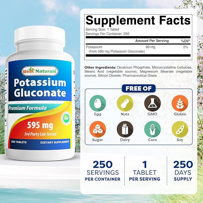 Best Naturals Potassium Gluconate 595 mg 250 Tablets (250 Count (Pack of 2))