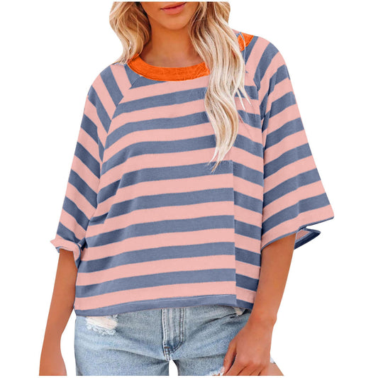 Blue Stripe Blouse Women 3/4 Sleeve Blouses for Women Crewneck Tops for Women Summer Tops for Women 2024 Cute Tops Prime of Day 2024 Special Deals Teacher Prime of Day of Day