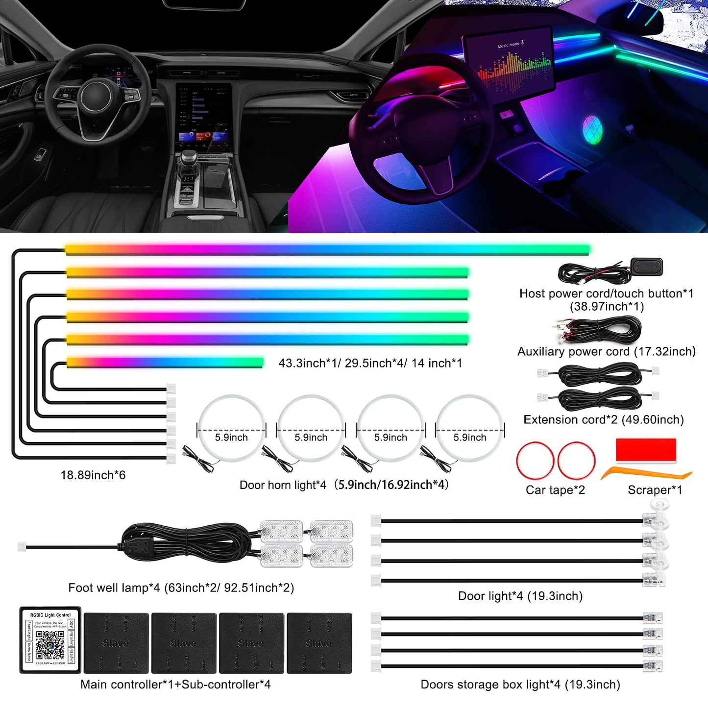 Dreamcolor Acrylic Interior Car LED Strip Light with Wireless APP, RGB 22 in 1 with 175 inches 612 LEDs Fiber Optic Strip Lights for Car, Dual Zone Music Sync Neon Ambient Lighting Kits